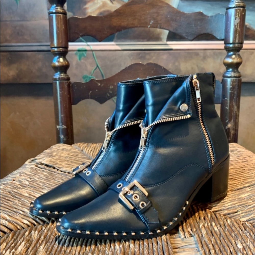 ✨Black Moto Ankle Boots Gold Zips Buckle Studs✨6.5 - Picture 8 of 13